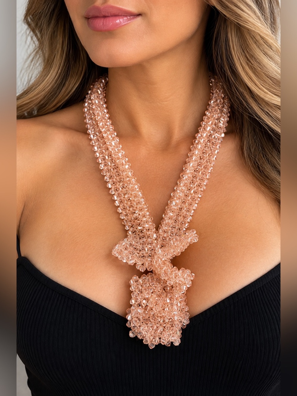 Vintage Peach Crystal Glass 3D Statement Necklace Ornate Gold-Tone Clasp